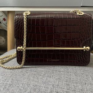 NEW STRATHBERRY Mini East/West Croc Embossed Leather Shoulder Bag Burgundy